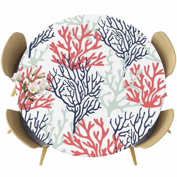Red Navy Blue Coral Coastal Table Cloth, Round Fitted Tablecloths with Elastic Edge, Summer Beach Seaside Nautical Wipeable Waterproof Table Cover for Kitchen Wedding 55-60 Inches