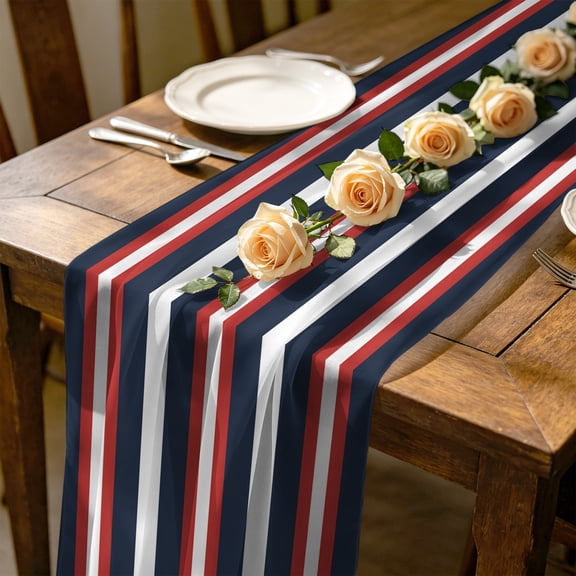 Red Navy Blue Stripe 4.5 ft Cheesecloth Table Runner for Wedding 19"x55", Modern Abstract Kitchen Dinner Sheer Tulle Chiffon Dresser Scarf, Holiday Party Decorations