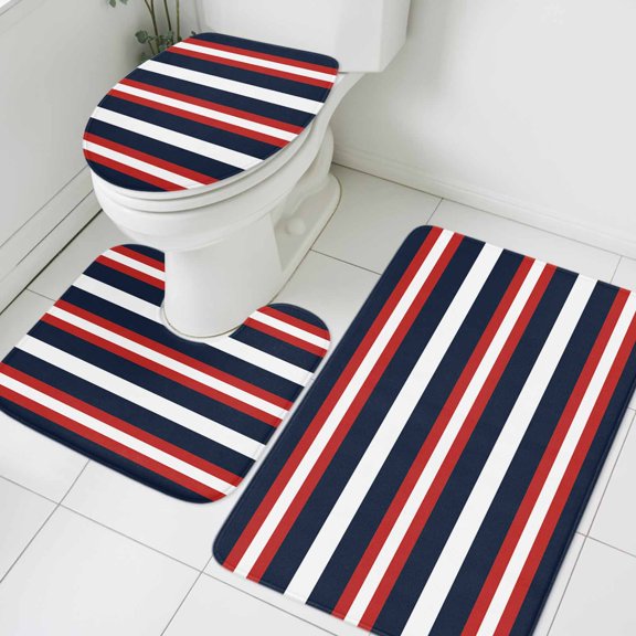 Red Navy Blue Stripe Bathroom Rugs Set Modern Abstract Non Slip Absorbent Soft Bath Mats 3 Piece Set with Bathroom Rug, U-Shaped Floor Mat, Toilet Seat Cover Small Size