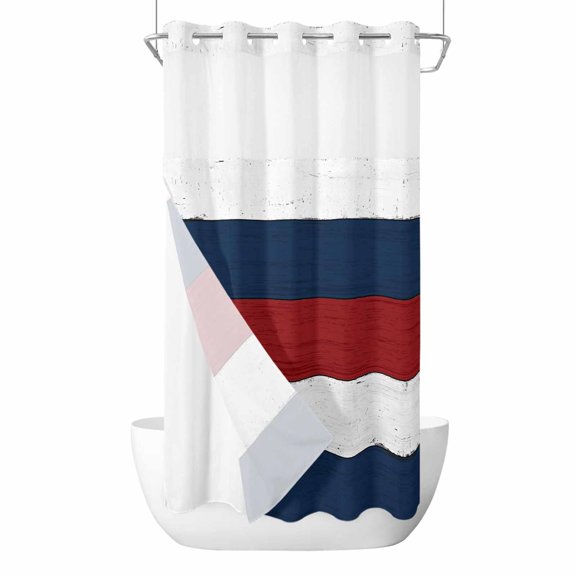 Red Navy Blue Stripe No Hook Shower Curtain Waterproof, Bathroom Curtains with Snap in Liners and See Through Top Window, Retro Farmhouse Striped Vintage Hotel Style Bathtub Curtains Shower 36"Wx72"L