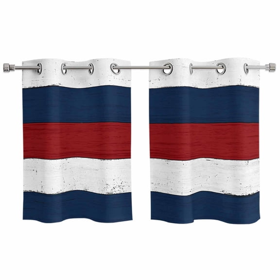 Red Navy Blue Stripe Kitchen Curtains Small Short 39 Inch Length, Retro Farmhouse Striped Vintage Grommet Top Bedroom Living Room Curtains, Light Filtering Cafe Curtain Drapes 2 Panels Set 55''x39''