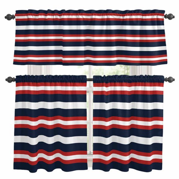 Red Navy Blue Stripe Kitchen Curtains Valances and Tiers Set of 3 Modern Abstract Tier Curtains and Valance with Rod Pocket for Small Windows, 27.5"x24"