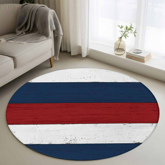 Red Navy Blue Stripe Round Rug 3ft Washable Circle Entryway Rugs Non Slip Retro Farmhouse Striped Vintage Area Rug Indoor Floor Carpet for Bedroom Kitchen Living Room Home Office Dining Room Nursery
