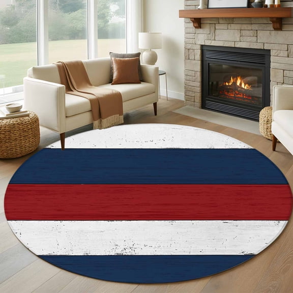 Red Navy Blue Stripe Round Rug 5ft Washable Circle Kitchen Rugs Non Slip Retro Farmhouse Striped Vintage Large Area Rug Indoor Floor Carpet for Bedroom Living Room Home Office Dining Room Nursery