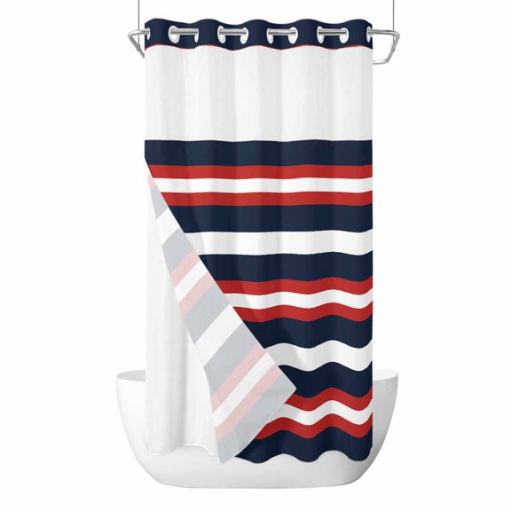Red Navy Blue Striped No Hook Shower Curtain Waterproof,Bathroom Curtains with Snap in Liners and See Through Top Window,Contemporary Minimalist Aesthetic Hotel Bathtub Curtains Shower 36"Wx78"L