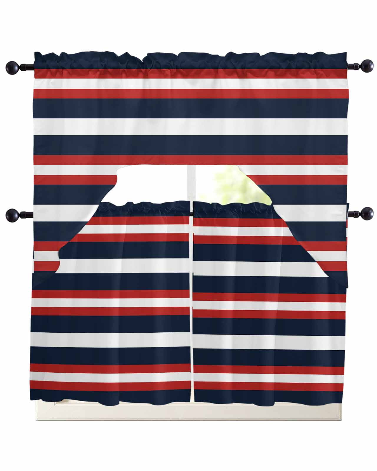 Curated visual reference: Fresh Look at Red Navy Blue Striped Kitchen Curtains Swag Valance And Tier