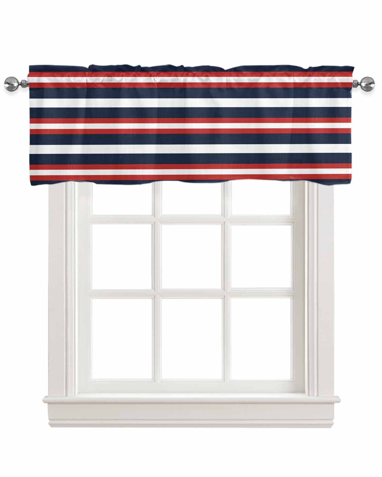 Red Navy Blue Striped Kitchen Valances for Windows Farmhouse Linen Window Valance Curtain for Living Room Window Treatment Contemporary Minimalist Aesthetic Valance Rod Pocket Topper, 42 x 18 Inch
