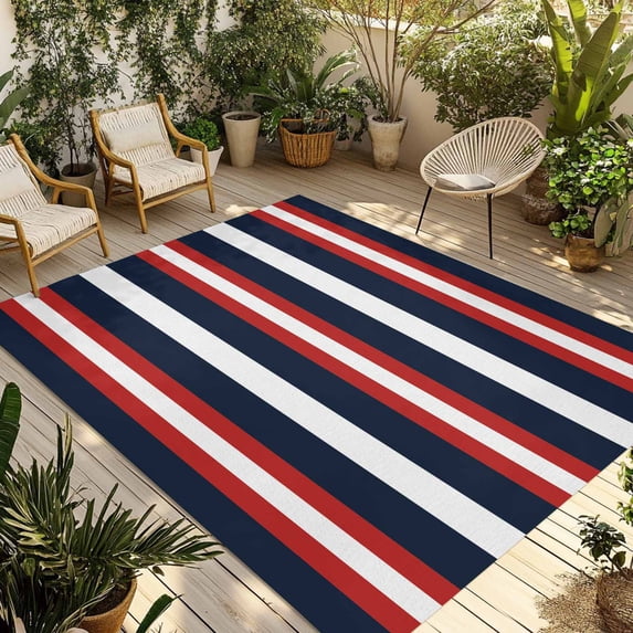 Red Navy Blue Striped Outdoor Rug 4x6 Ft - Reversible Patio Rug Outdoor Camping Rugs, Contemporary Minimalist Aesthetic Indoor Outdoor Area Rugs, Non-Slip Outdoor Carpet Runner for Deck/Porch