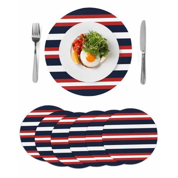 Red Navy Blue Striped Round Placemats Set of 6 for Dinning Tables,Heat-proof Braided Table Mats 15 Inch,Contemporary Minimalist Aesthetic Washable Place Mat for Kitchen Restaurant Party Table Decor