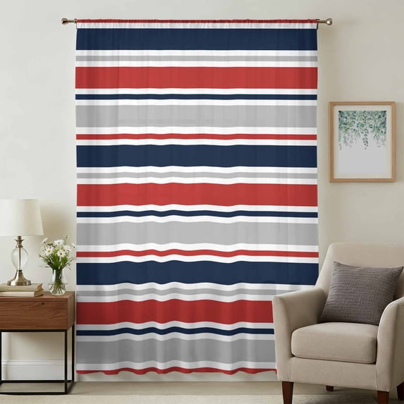 Red Navy Blue Striped Sheer Curtains 54 Inches Long, Farmhouse Stripes Modern Abstract Art Light Filering Curtains, Breathable Simi Curtain Privacy Drapes for Kitchen Bathroom Small Window Treatment