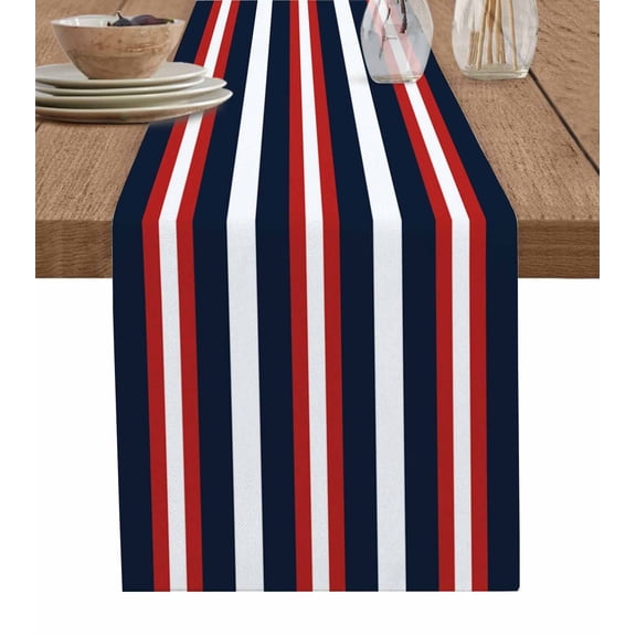 Red Navy Blue Striped Table Runner Cotton Linen 108 Inch Holiday Dresser Scarves, Contemporary Minimalist Aesthetic Tablerunner for Kitchen Coffee Dining Bedroom Dinner Scarf Décor 13''x108''