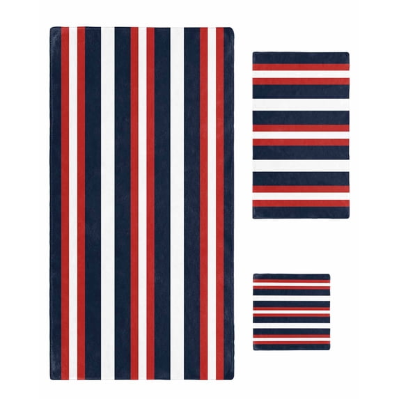 Red Navy Blue Striped Towel Set of 3, Soft Microfiber Bath Towels, Hand Towel, Washcloths, Contemporary Minimalist Aesthetic Quick-Dry Absorbent Towels for Bathroom Kitchen Hotel Beach Gym Spa