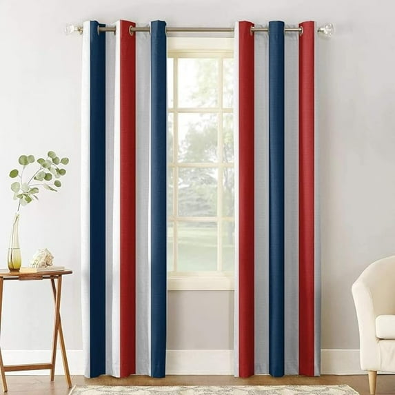 Red Navy Blue White Stripes Blackout Curtains, 3D Pattern Print Window Curtains, Thermal Insulated Darkening Grommet Drapes For Living Room Bedroom Kitchen Decor 26"W x 45"L (Pack of 2)