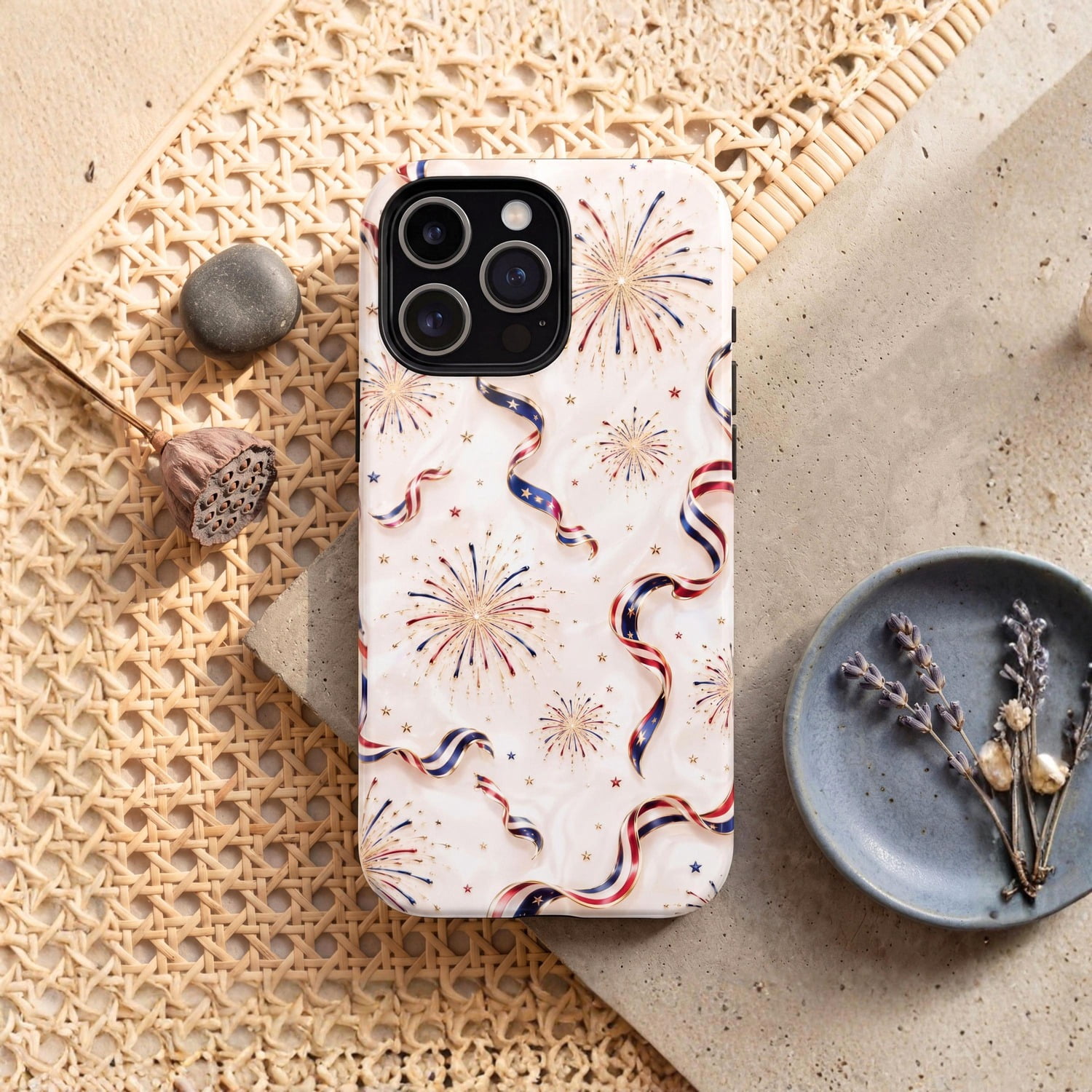 Red, Navy Blue and Gold Fireworks and Streamers Tough iPhone Case ...