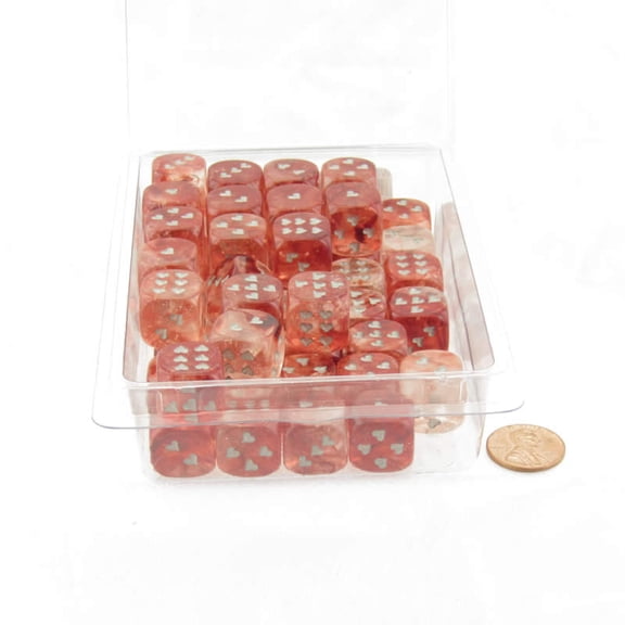 Red Nebula Luminary Dice with Silver Hearts D6 16mm (5/8in) Pack of 50 Wondertrail