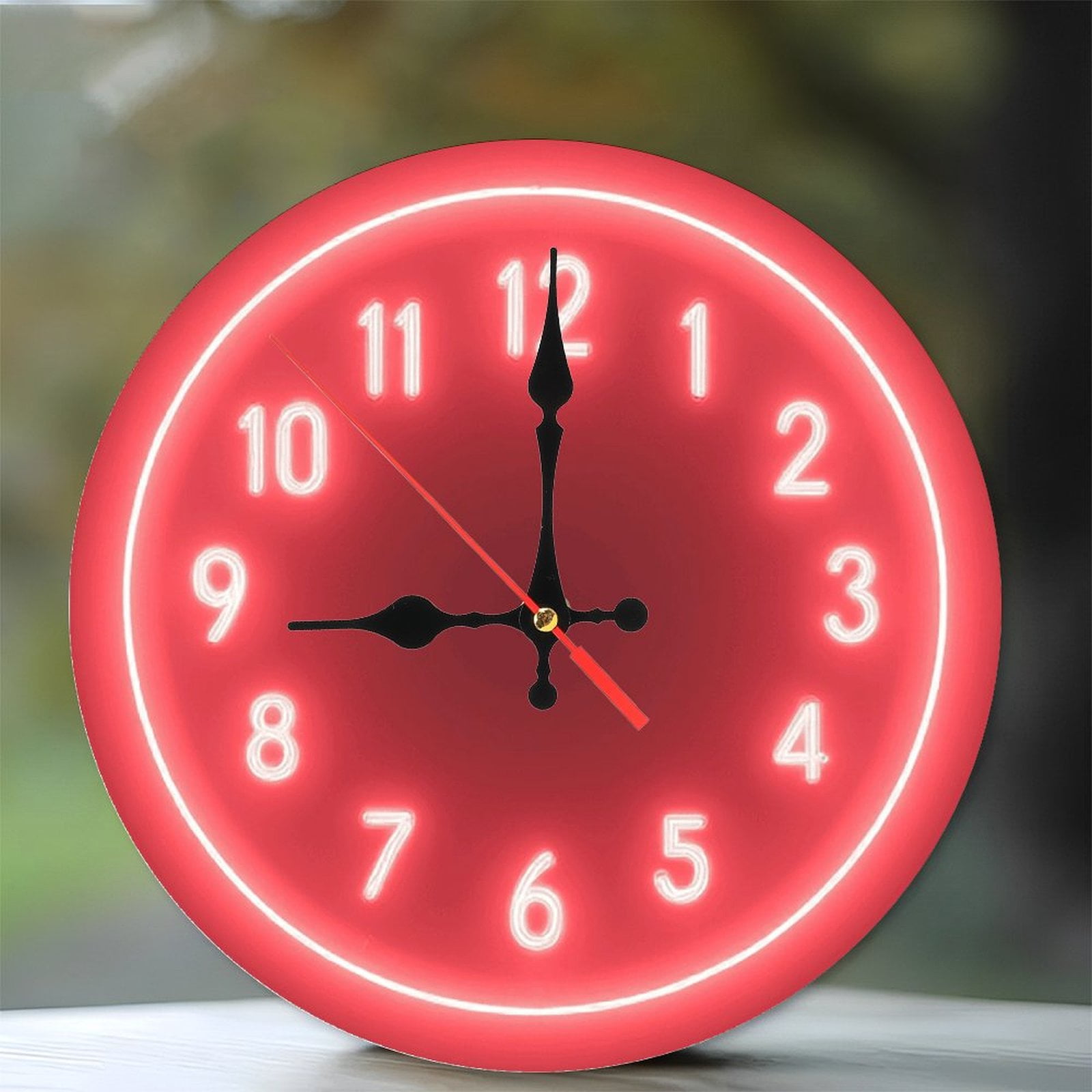Red Neon Clock Red Neon Clock Wall Decor Home Office 10-Inch Silent Wooden Wall Clock ...