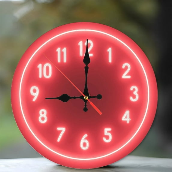 Red Neon Clock Wall Decor Home Office 10-Inch Silent Wooden Wall Clock, Battery Operated (AA Batteries Not Included), Artistic Home Decor