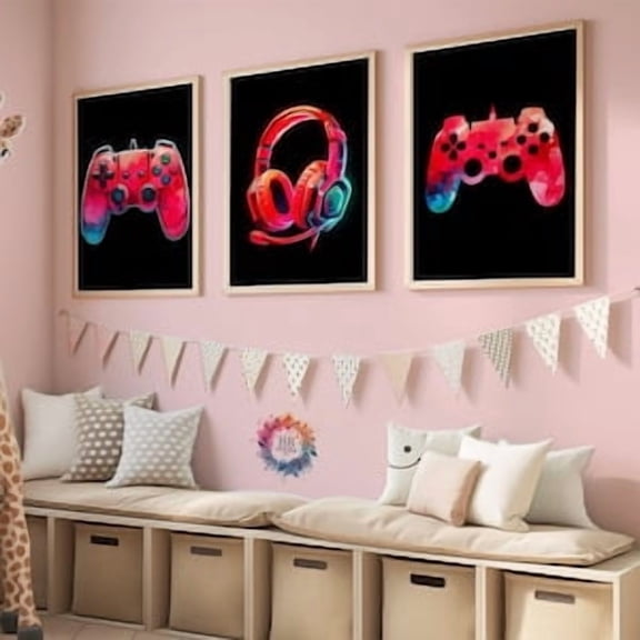 Red Neon Gaming Poster Print - Set of 3 Gamer Prints, Game Bedroom Decor, Gift for Gamers, Gaming Room, Video Game Wall Art Print, Poster Only