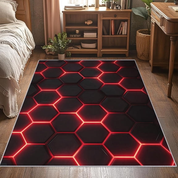 Red Neon Hexagon Area Rug, Geometric Honeycomb Pattern Carpet, Washable Non Slip Low Pile Soft Thin, Living Room Bedroom Home Decor Mat 2x3ft