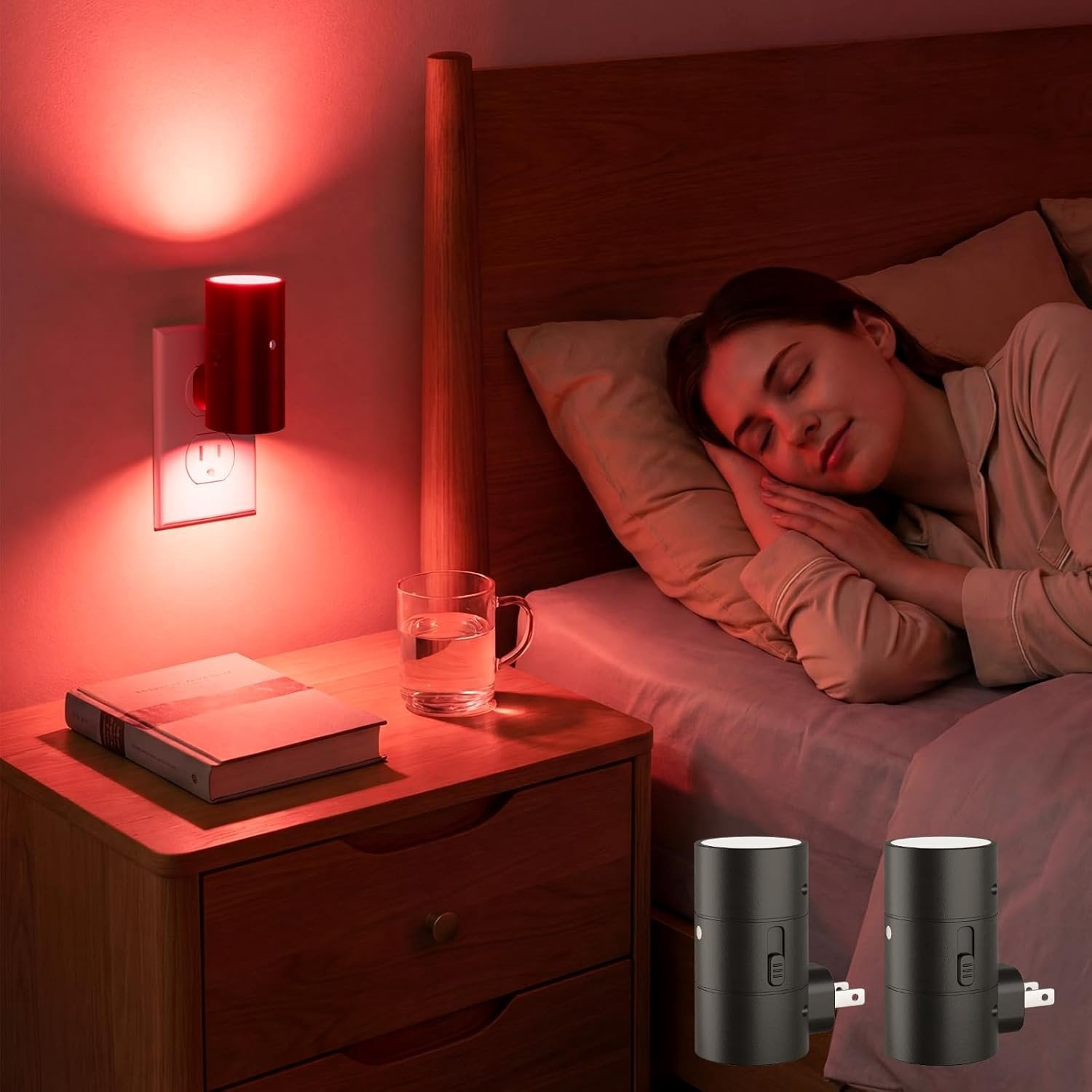 Red Night Light Plug into Wall, LED Night Lights with Light Sensor, Sleep Aid Red, Dimmable Night Light for Christmas, Holiday Decor, Hallway, Bedroom, 2 Pack