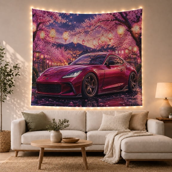Red Nissan 350z Under Cherry Blossoms Dreamy Japanese Inspired for Car Lovers Automotive Wall Art Housewarming Gift Tapestry Wall Hanging for Bedroom Living Room and Dorm