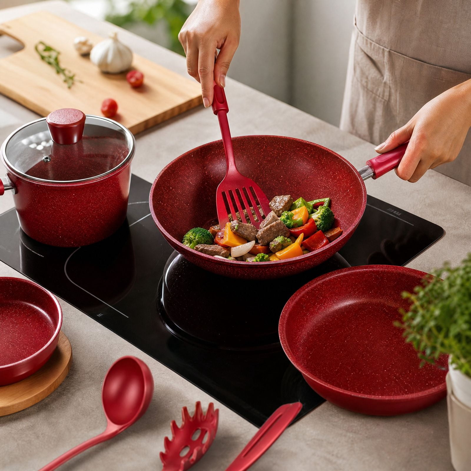 Two Pans Set Red Nonstick Pots and Pans Set with Glass Lids and Cooking Utensils, 13 ...
