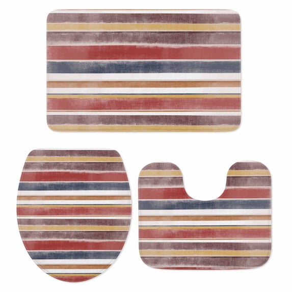 Red Nordic Style Stripes Bath Mat 3 Piece Bathroom Rug Set, Red Grey Texture Non Slip Bath Rug Contour Mat and Toilet Lid Cover, Absorbent Shower Mats Soft Bath Rugs and Mats Sets