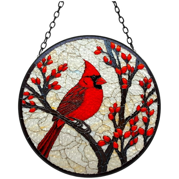 Red Northern Cardinal on Tree Stained Glass Suncatcher Colored Handmade Window Hangings Glass Suncatcher Crafts Kits for Indoor Garden Christmas Decoration 16x16cm(10)