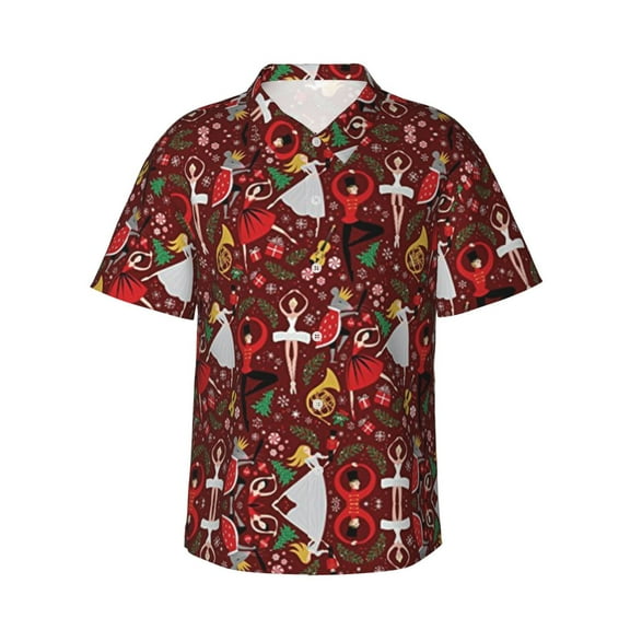 Red Nutcracker Ballet Hawaiian Shirts For Men, Summer Short-Sleeve Relaxed-Fit Button-Down Shirts 3x-Large