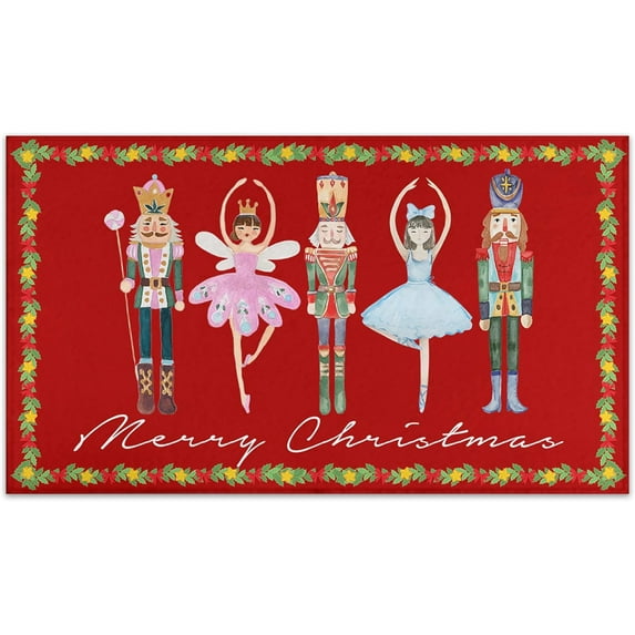 Red Nutcrackers Merry Christmas Doormat, Xmas Front Door Mat, Christmas Decorations for Home Seasonal Winter Low-Profile Entrance Rug for Indoor Outdoor 17" x 30" (Red)