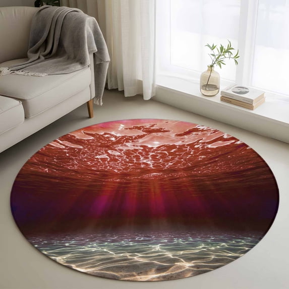 Red Ocean Round Area Rugs 3 ft, Underwater World Clear Water Ripple Sunlight Washable Small Area Rug with Non-Slip Sturdy Edge Binding Round Front Door Mat Floor Carpet for Entryway