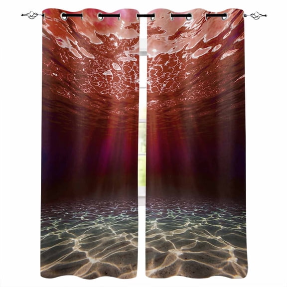 Red Ocean Waves Blackout Curtains 45 Inches Long, Kitchen Black Out Window Treatments, Summer Beach Coastal Abstract Thermal Insulated Lined Drapes for Small Window with Grommet 42"x45"