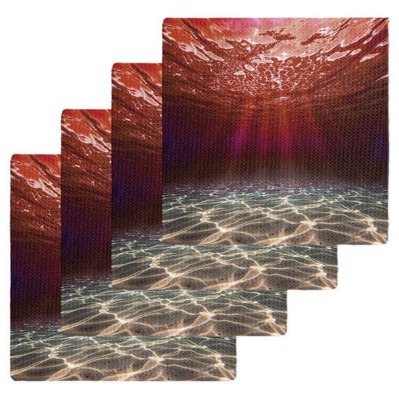 Red Ocean Waves Kitchen Dish Towels for Drying Dishes Set of 4, Summer Beach Coastal Abstract Waffle Weave Microfiber Hand Tea Bathroom Towels Quick Dry & Absorbent Towel 12x12