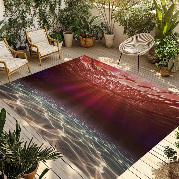 Red Ocean Waves Outdoor Rug for Patio/Deck/Porch, Non-Slip Large Area Rug 5 x 8 Ft, Summer Beach Coastal Abstract Indoor Outdoor Rugs Washable Area Rugs, Reversible Camping Rug Carpet Runner