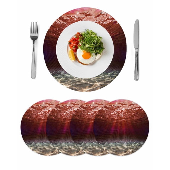 Red Ocean Waves Round 15 Inch Placemats Set of 4, Summer Beach Coastal Abstract HeatResistant Non Slip Place Mats for Dining Table, Wipeable Braided Kitchen Table Mats for Housewarming