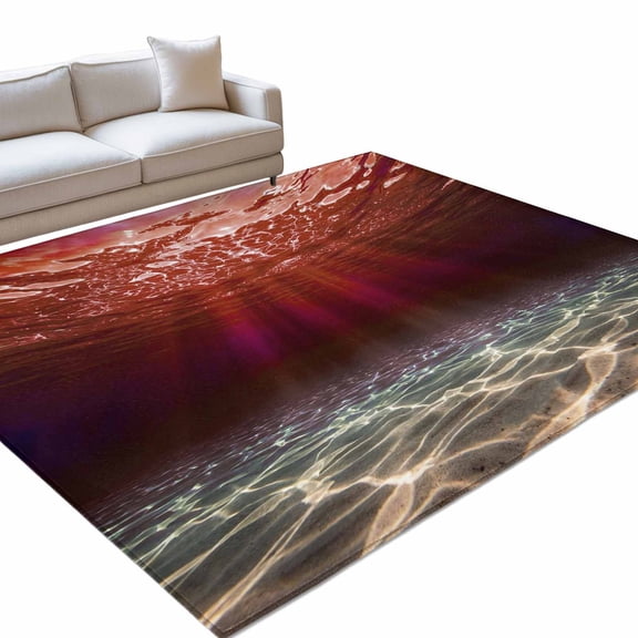Red Ocean Waves Washable Rug 9x12 Area Rug for Living Room Bedroom Non Slip Indoor Floor Rectangle Carpet Soft Low Pile Large Summer Beach Coastal Abstract Entryway Rugs for Dining Room Office Home
