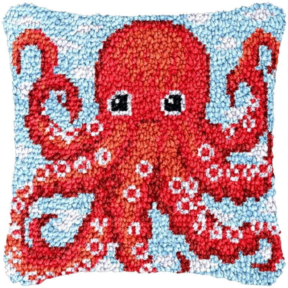 Red Octopus Latch Hook Kits Pillow DIY Rug Cushion Making Kits with preprinted Pattern Canvas Instruction Yarns and Latch Hooking Pillow Cover Easy to Start DIY Home Decor Kits 43x43cm