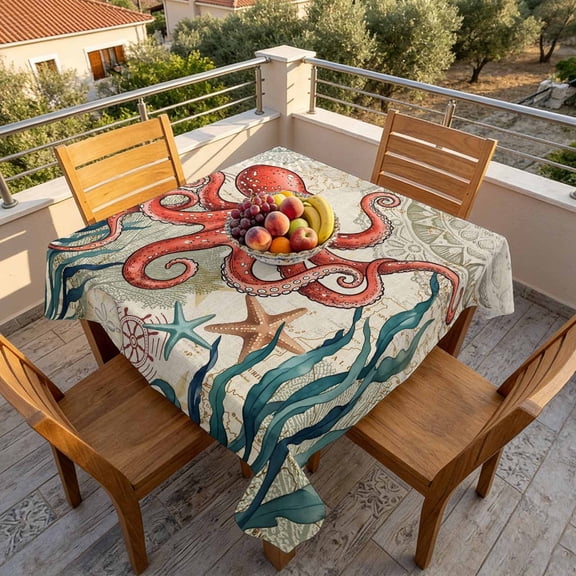 Red Octopus Ocean Starfish Coral Table Cloth 60x60in, Waterproof Square Tablecloth Wipeable Tablecloths Retro Nautical Theme Table Covers for Dining Tables Party Indoor Outdoor