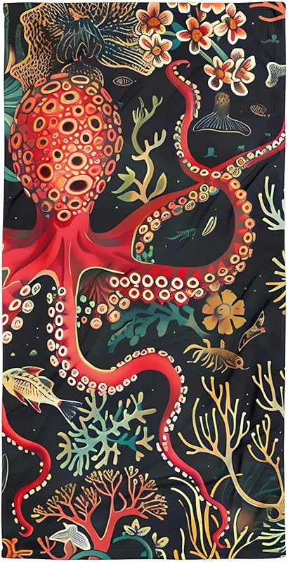 Red Octopus Oversized Sand Free Beach Towel 71x36IN Lightweight Quick Dry Terry Towel For Travel, Swimming, Pool, And Camping, Absorbent And Compact Beach Essential For Women And Men