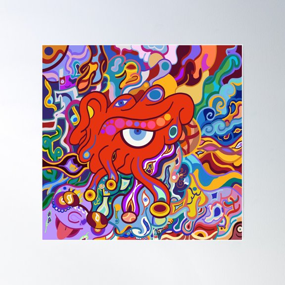 Red Octopus Psychedelic Art Poster Wall Art, Modern Wall Decor For Living Room Bedroom, 16X16 UNFRAMED