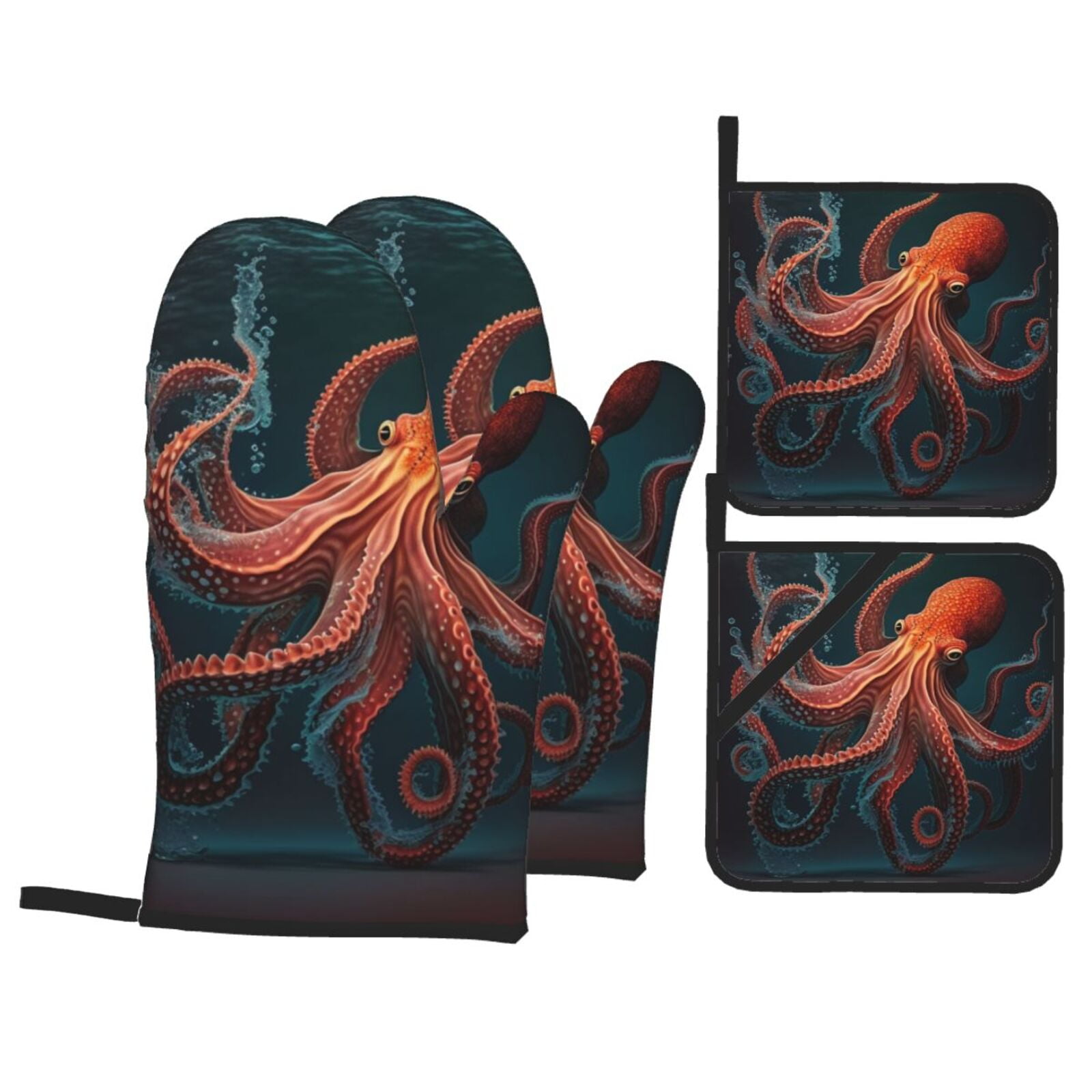 Red Octopus Tentacles Art 4Pcs Oven Mitts and Pot Holders Sets Oven Kitchen Gloves Hot Pads for Cooking BBQ Baking Grilling