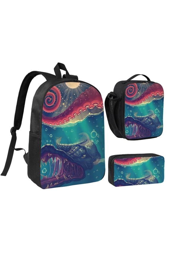 Red Octopus Tentacles Predator Fish 17-inch Laptop Backpack 3-Piece Set with Insulated Lunch Bag and Accessory Pouch, Rucksack for Teens Adults