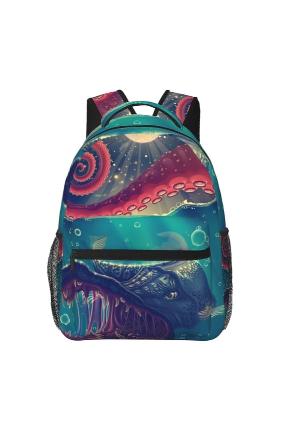 Red Octopus Tentacles Predator Fish Backpack Casual College Bag Zipper Laptop Daypack Hiking Rucksack Travel