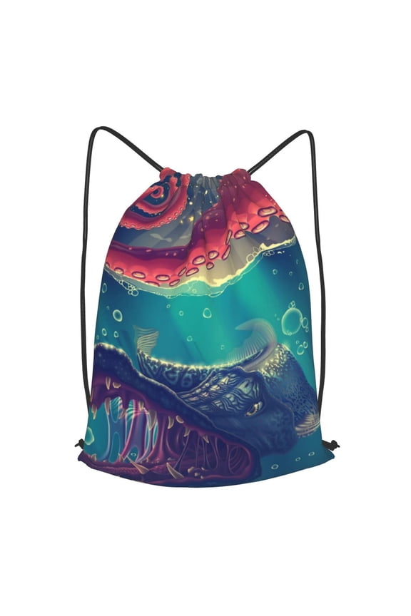 Red Octopus Tentacles Predator Fish Drawstring Backpack Gym String Bag Sports Sackpack Cinch Sack, Small
