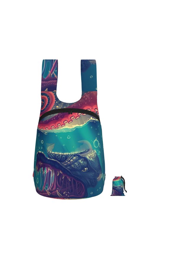 Red Octopus Tentacles Predator Fish Foldable Storage Backpack Lightweight Packable Travel Daypack for Shopping Commuting Hiking