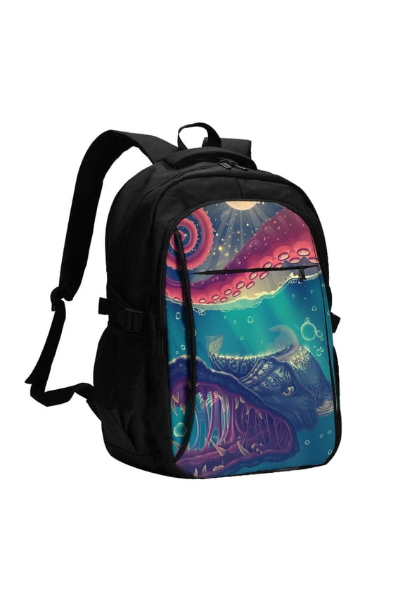 Red Octopus Tentacles Predator Fish Laptop Backpack with USB Charging Headphone Port Casual Daypack Bag College Business Travel