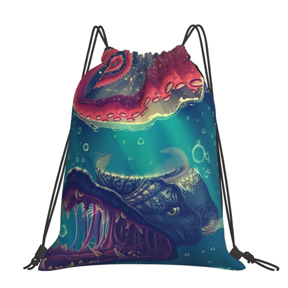 Red Octopus Tentacles Predator Fish Large Drawstring Backpack Casual Cinch Sack Bag Backpack for Sports Hiking Travel Gym