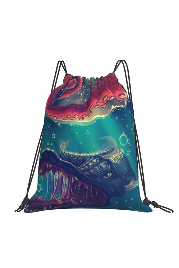 Red Octopus Tentacles Predator Fish Large Drawstring Backpack Casual Cinch Sack Bag Backpack for Sports Hiking Travel Gym