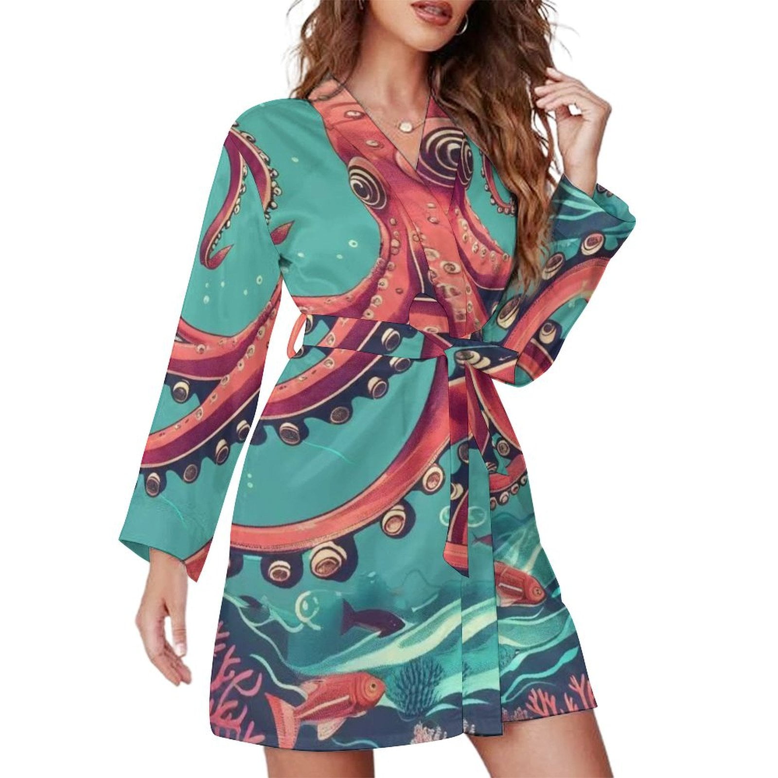 Red Octopus Underwater Night Robe Long Sleeve V Neck Robe With Belt ...