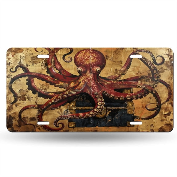 Red Octopus With Tentacles On Open Treasure Chest Decorative Signboard, Decorative Metal Plate with 4 Holes, 6x12inch Artistic Plate Frame